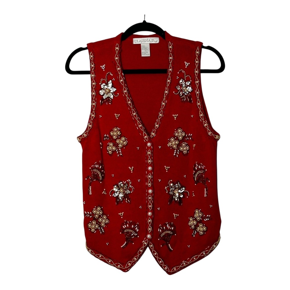 Claudia D Women Size S Red Beaded Floral Sequin Sweater Vest Button Vintage 1997